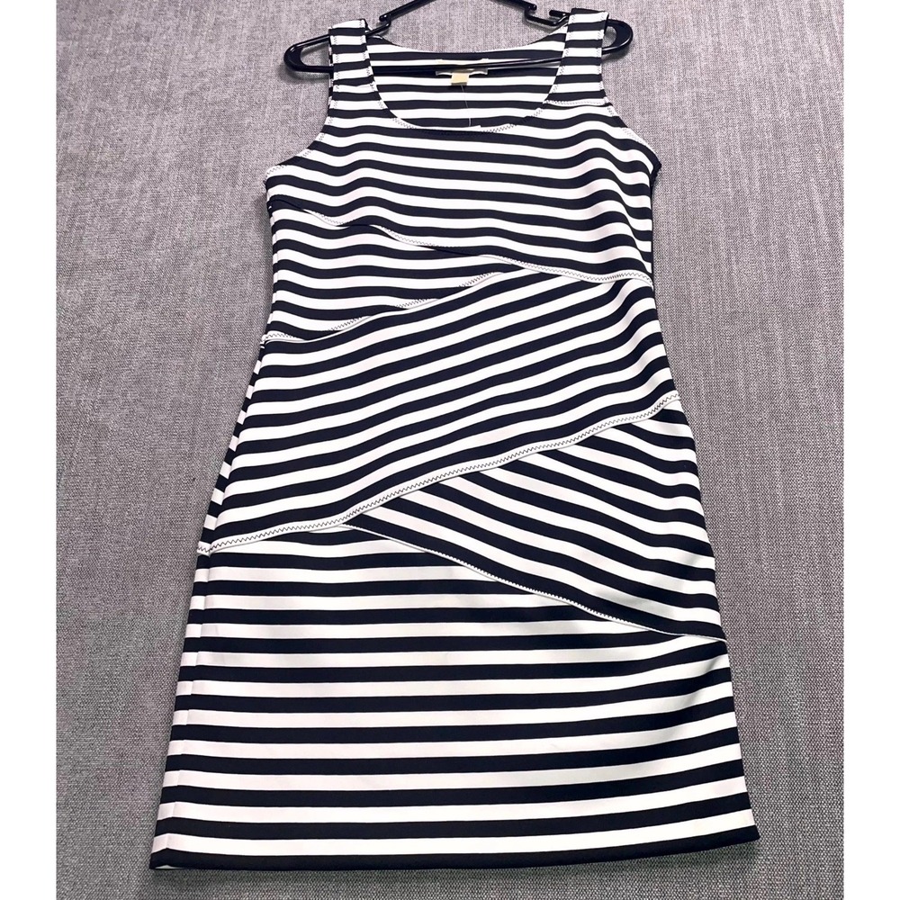 Michael Kors Sheath Dress Womens 10 Black White Striped Sleeveless Asymmetrical